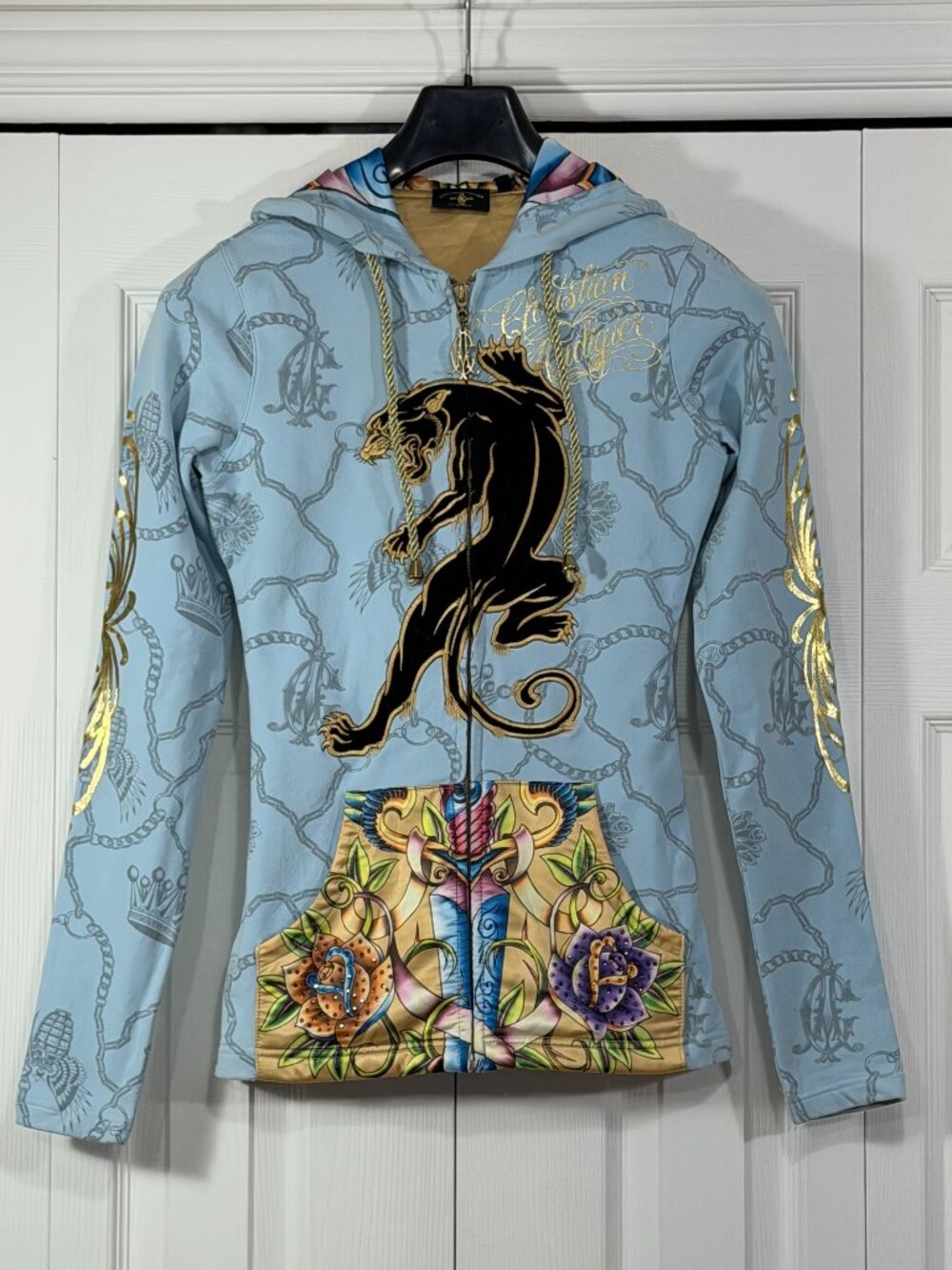 Christian Audigier Y2K Blue & Gold Panther Zip-Up Hoodie